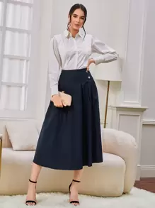 SHEIN BIZwear High Waist Fold Pleated Solid Skirt Workwear - Navy Blue - View 5