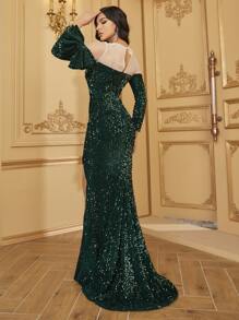 YISIKADO Robe à maille à nœud papillon fendue sirène - Vert sapin - Voir 2