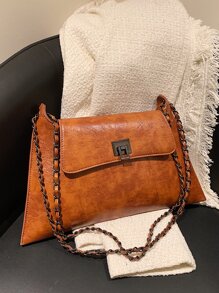 Moderno elegante bolso de hombro versátil con cadena unicolor y diseño retro adecuado para vacaciones, calle y como cartera de mano - Marrón - Ver 1