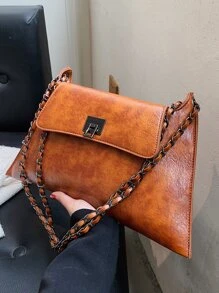 Moderno elegante bolso de hombro versátil con cadena unicolor y diseño retro adecuado para vacaciones, calle y como cartera de mano - Marrón - Ver 2