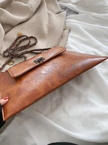 Moderno elegante bolso de hombro versátil con cadena unicolor y diseño retro adecuado para vacaciones, calle y como cartera de mano - Marrón - Ver 4