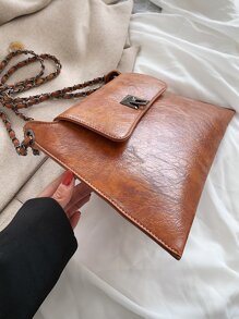 Moderno elegante bolso de hombro versátil con cadena unicolor y diseño retro adecuado para vacaciones, calle y como cartera de mano - Marrón - Ver 5