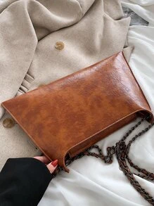 Moderno elegante bolso de hombro versátil con cadena unicolor y diseño retro adecuado para vacaciones, calle y como cartera de mano - Marrón - Ver 6