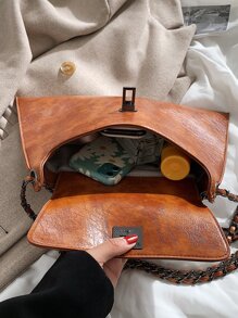 Moderno elegante bolso de hombro versátil con cadena unicolor y diseño retro adecuado para vacaciones, calle y como cartera de mano - Marrón - Ver 7