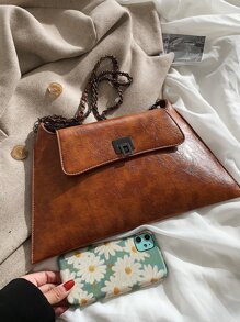 Moderno elegante bolso de hombro versátil con cadena unicolor y diseño retro adecuado para vacaciones, calle y como cartera de mano - Marrón - Ver 8