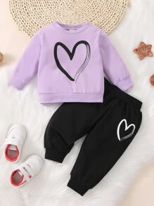 Baby Heart Print Sweatshirt & Joggers - Multicolor - View 1