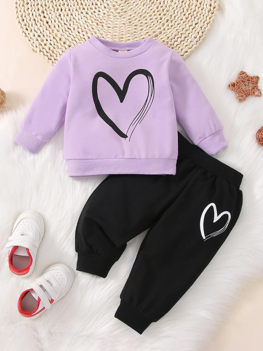 Baby Heart Print Sweatshirt & Joggers - Multicolor - View 1