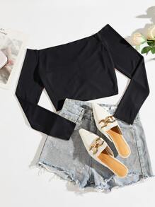 INAWLY Ribbed Knit Drawstring Front Tee Fall Cloth For Women - Black - View 2