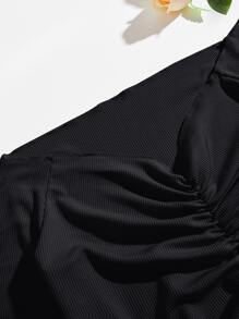 INAWLY Ribbed Knit Drawstring Front Tee Fall Cloth For Women - Black - View 5