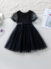 SHEIN 年輕女孩dobby網頁覆蓋泡泡袖帶裙裝