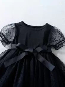 SHEIN 年輕女孩dobby網頁覆蓋泡泡袖帶裙裝