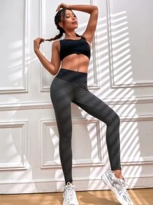 Yoga Trendy Honeycomb Textured High Stretch Sports Leggings - Black - View 3