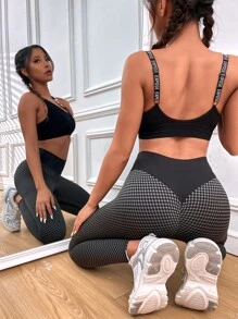 Yoga Trendy Honeycomb Textured High Stretch Sports Leggings - Black - View 5