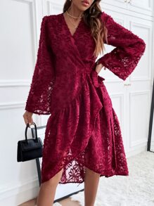 SHEIN Unity 喇叭袖荷葉邊側繫帶毛茸茸圍裹式洋裝 - 酒紅色 - 查看 6
