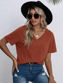Áo thun nữ Túi màu trơn Giải trí - Màu Cam cháy - Xem 4
