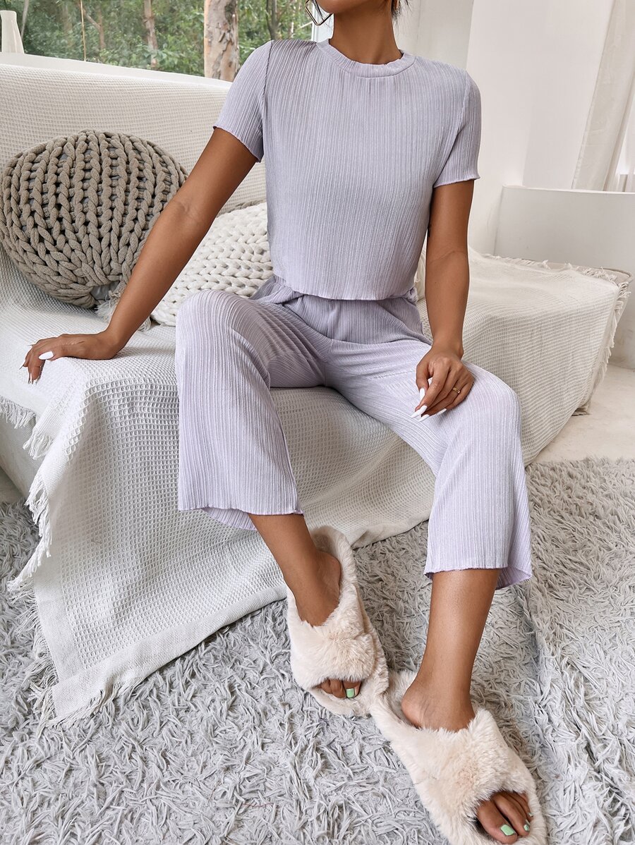 Solid Ribbed Knit Lounge Set - Dusty Purple - View 1