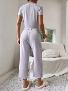 Solid Ribbed Knit Lounge Set - Dusty Purple - View 2