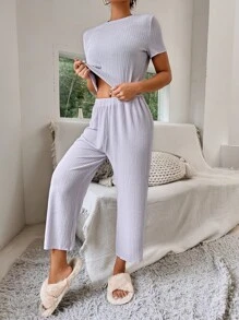 Solid Ribbed Knit Lounge Set - Dusty Purple - View 3