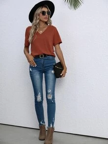 Áo thun nữ Túi màu trơn Giải trí - Màu Cam cháy - Xem 7