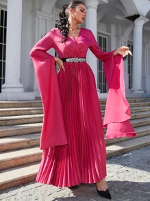 Modelyn Solid Flounce Sleeve Plicated Hem Belted Dress - Hot Pink - View 1
