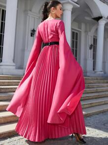 Modelyn Solid Flounce Sleeve Plicated Hem Belted Dress - Hot Pink - View 2