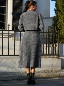 Mulvari Plaid Pattern Tweed Jacket & Cami Dress - Black and White - View 2