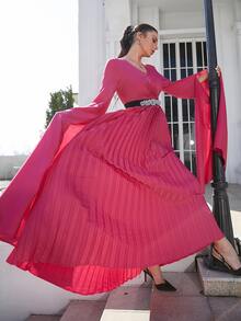 Modelyn Solid Flounce Sleeve Plicated Hem Belted Dress - Hot Pink - View 3