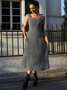 Mulvari Plaid Pattern Tweed Jacket & Cami Dress - Black and White - View 4