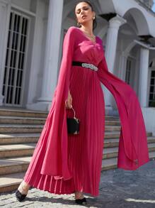 Modelyn Solid Flounce Sleeve Plicated Hem Belted Dress - Hot Pink - View 4