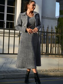 Mulvari Plaid Pattern Tweed Jacket & Cami Dress - Black and White - View 5