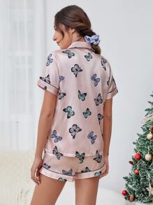 Conjunto de pijama de satén con estampado de mariposa de cuello con solapa con botón - Rosa Pálido - Ver 2