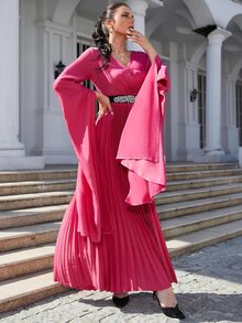 Modelyn Solid Flounce Sleeve Plicated Hem Belted Dress - Hot Pink - View 5