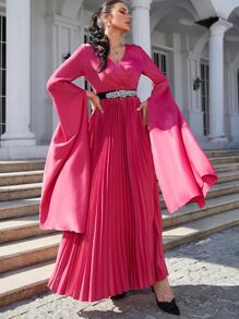 Modelyn Solid Flounce Sleeve Plicated Hem Belted Dress - Hot Pink - View 6