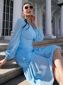 Modelyn Vestido unicolor cruzado de cuello V fruncido bajo con fruncido