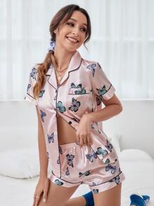 Conjunto de pijama de satén con estampado de mariposa de cuello con solapa con botón - Rosa Pálido - Ver 6