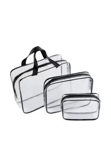 3 件透明方形化妆包套装，旅行必需品化妆包化妆袋护肤包洗漱包收纳袋，旅行必需品邮轮必需品宿舍必需品，婚礼伴娘礼物，妈妈礼物，生日礼物，送给朋友和老师的礼物，家居装饰，浴室客厅卧室装饰，浴室收纳盒，珠宝收纳盒，唇油收纳盒，指甲油收纳盒化妆品收纳盒化妆盒 - 無色 - 查看 1
