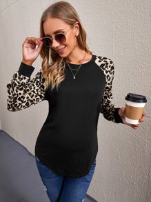 SHEIN Maternity Contrast Leopard Raglan Sleeve Tee - Black - View 1