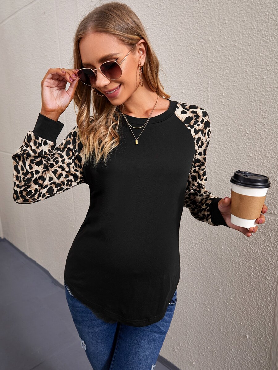 SHEIN Maternity Contrast Leopard Raglan Sleeve Tee - Black - View 1