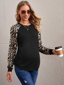 SHEIN Maternity Contrast Leopard Raglan Sleeve Tee - Black - View 5