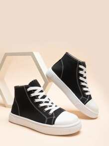 Stitch Detail Lace-up Front Canvas Shoes - Black - View 1
