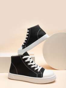 Stitch Detail Lace-up Front Canvas Shoes - Black - View 3