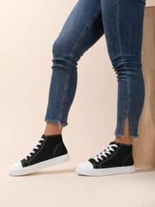 Stitch Detail Lace-up Front Canvas Shoes - Black - View 4