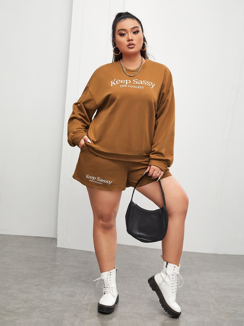 Plus Slogan Graphic Drop Shoulder Sweatshirt & Shorts