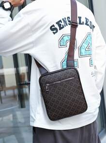 高中生大學新生多功能斜挎包單肩包休閒包男士全印花方包手提書包旅行學院戶外運動通勤 - 棕色 - 查看 1