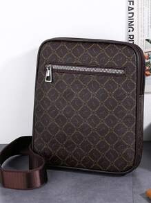 高中生大學新生多功能斜挎包單肩包休閒包男士全印花方包手提書包旅行學院戶外運動通勤 - 棕色 - 查看 2