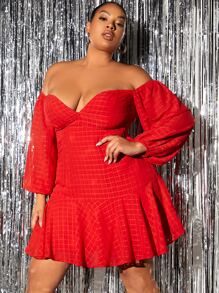 SHEIN SXY Vestido de hombros descubiertos bajo con fruncido - Rojo - Ver 1