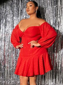 SHEIN SXY Vestido de hombros descubiertos bajo con fruncido - Rojo - Ver 6