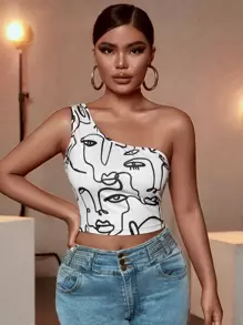 SHEIN Essnce 人像圖案單肩短款上衣 - 白色 - 查看 1