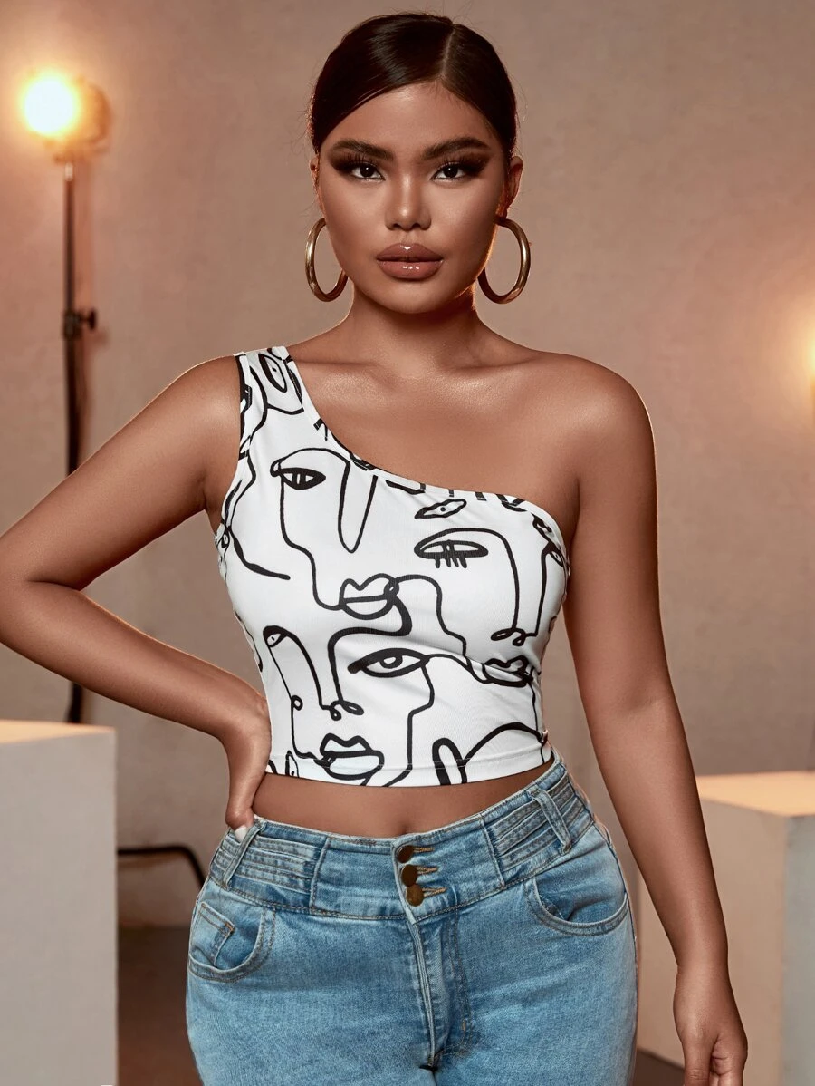 SHEIN Essnce 人像圖案單肩短款上衣 - 白色 - 查看 1