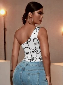 SHEIN Essnce 人像圖案單肩短款上衣 - 白色 - 查看 2